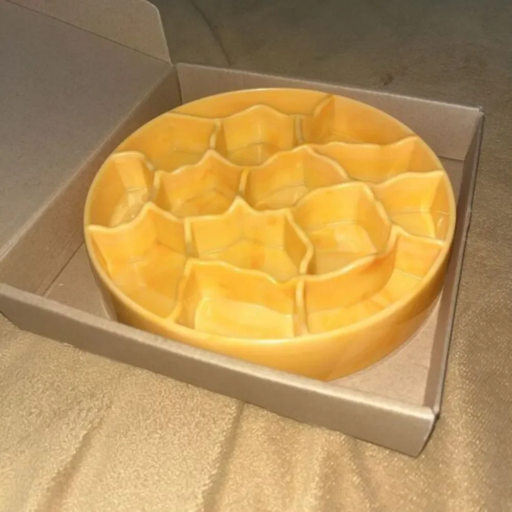 Round Serving Platter Divided Tray Relish‎ Dish Yellow eat food slow pet food
